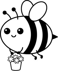 Obraz premium Cute kawaii bee flying with flower bucket spring vector