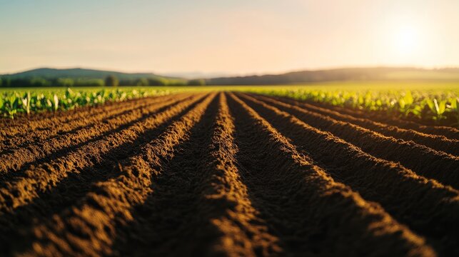 A picturesque farm field featuring freshly tilled soil with vibrant green sprouts under sunlight