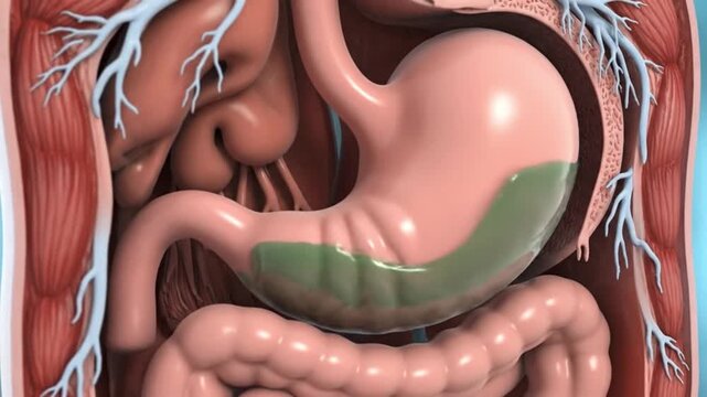 Human Stomach Interior Animation Displaying Acid and Enzyme Digestion Process. 4K Video
