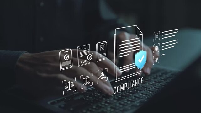 Business compliance management concept. Person using laptop with checklist and legal icons, risk control, internal audit and regulatory monitoring.