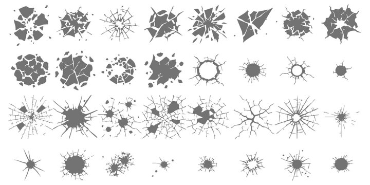 Large collection of vector crack explosion and break effects icons featuring broken glass ground cracks and bullet holes for graphic design