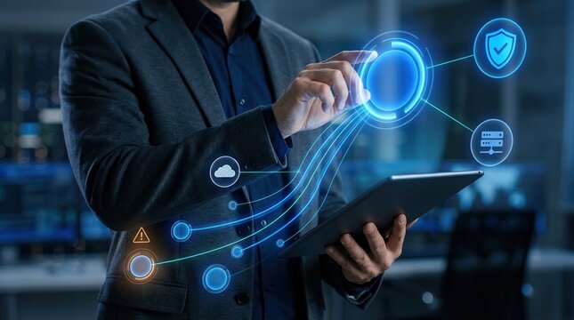 cybersecurity, data protection, cloud computing, network security, digital transformation, information technology, business professional interacting with a holographic tech interface.