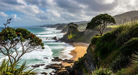 Coastal Serenity - A New Zealand Beach Landscape with Lush Vegetation.