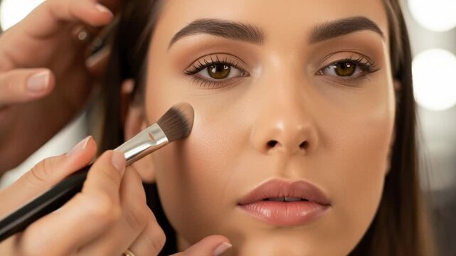 Close-up of a makeup artist applying foundation with a brush to a woman's face, natural beauty