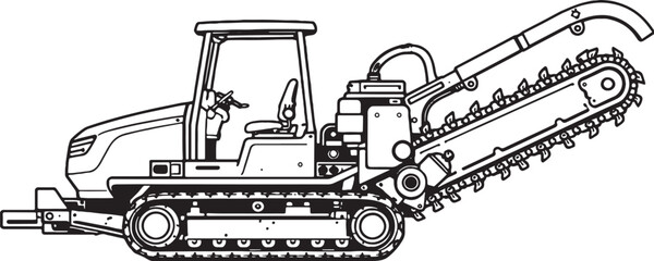 Track Mounted Trencher Black and White Line Art Utility Construction Machinery Illustration.eps © Pham