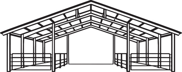 Steel Frame Livestock Barn Front View Black and White Line Art Illustration.eps © Pham