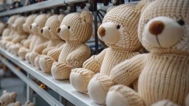 Adorned soft, knitted textures, charming teddy bears sit neatly wooden shelves within cozy, warm workshop, bathed inviting glow afternoon light, creating snug atmosphere conducive to creativity warmth
