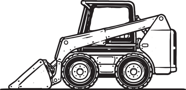 Skid Steer Loader Black and White Line Art Compact Construction Equipment Vector.eps