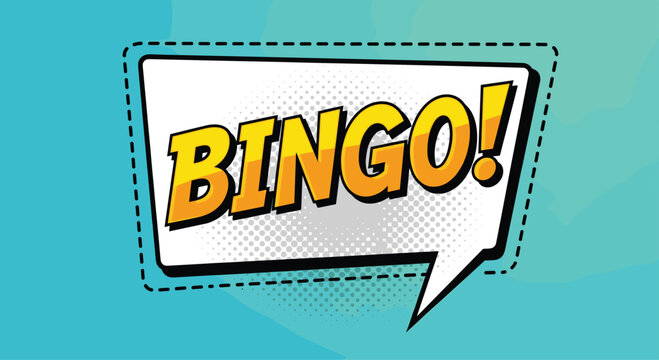 Vibrant comic book bingo sound effect bubble featuring bold yellow and orange typography on a dotted background with a teal border.