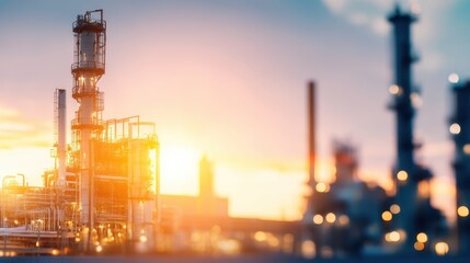 Obraz premium An industrial landscape at sunset with various structures silhouetted against the sky