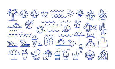 Fototapeta premium Vacation beach elements thin line icon set isolated collection vector illustration set, easily editable.