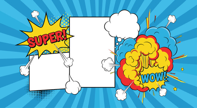 Comic book page layout template with dynamic action words like super and wow alongside empty panels for custom storytelling and design.