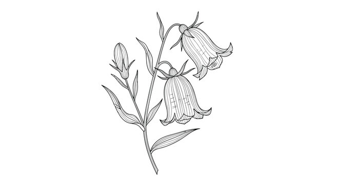 Hand drawn botanical sketch of bellflower campanula blossoms with buds and leaves on a single stem for classic floral illustration needs.