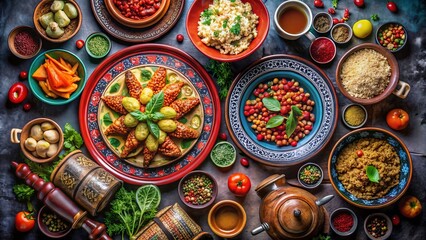A vibrant spread of international cuisine on a rustic table setting
