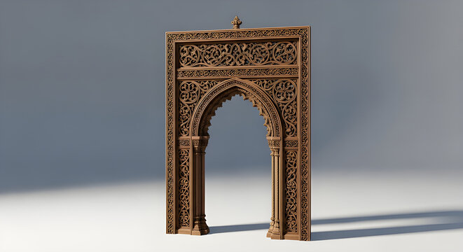 Intricate wooden archway with Moroccan geometric patterns, perfect for luxury interior design or cultural projects.