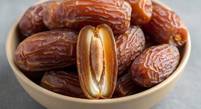 Freshly harvested Medjool dates in a bowl, with one date cut in half to reveal its seed and moist interior.