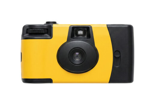 Yellow plastic disposable camera isolated. Retro analog photography equipment mockup.