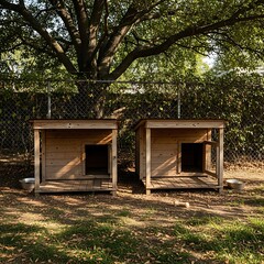 Two wooden dog houses in a grassy backyard under a tree.