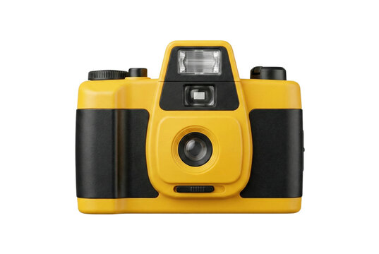 Yellow analog disposable camera with flash isolated. Retro photography device mockup.