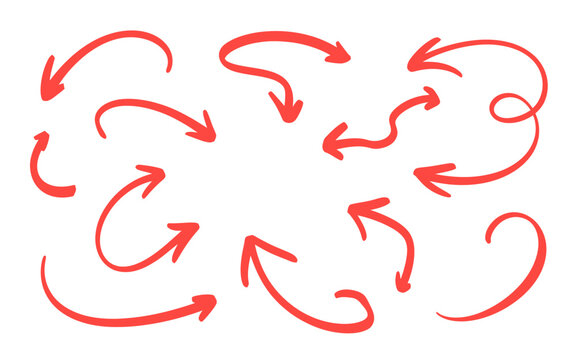 Collection of hand drawn red arrows pointing in various directions white background