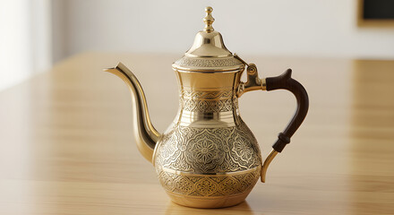 Exquisite Arabic dallah coffee pot in polished brass, showcasing elaborate patterned engravings and a dark wood handle, resting on a warm wooden surface.