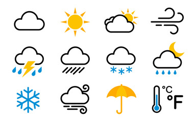 Obraz premium Collection of weather forecast including sun clouds rain snow wind umbrella and thermometer