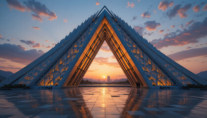Modern triangular building at sunset with orange glow