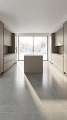 Fototapeta premium Vertical photo of a minimalist kitchen with large grey stone floor tiles. Modern kitchen island reflecting winter sunlight. Contemporary interior design with snowy landscape view