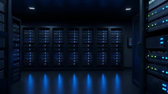 High-Tech Data Center with Illuminated Server Racks