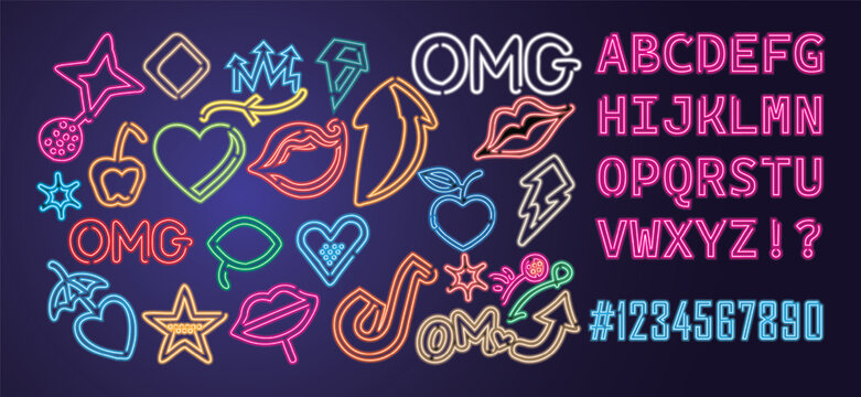 Vibrant Neon Alphabet, Numbers, and Pop Art Symbols Collection, Editable neon icons set of Ranbow glowing signs