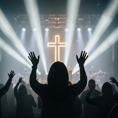 Worshipful Congregation - Silhouetted Figures Before a Glowing Cross.