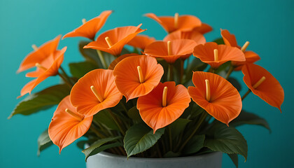 Vibrant orange anthurium flowers in a modern white pot