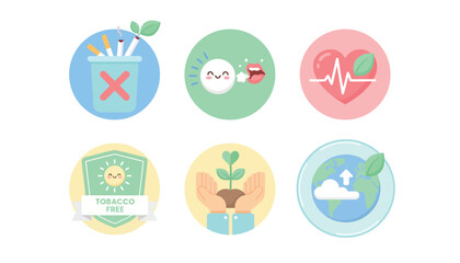 Fototapeta premium A collection of six flat design icons illustrating health, environmental protection, and tobacco-free living concepts with cute and friendly elements.