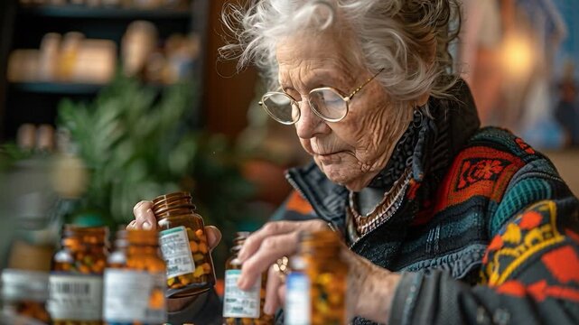An elderly lady, donning vibrant attire glasses, methodically arranges herbal remedy bottles on cozy table within her inviting home, focusing on her traditional herbal medicine collection with care