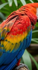 Vibrant plumage of a scarlet macaw in lush greenery.