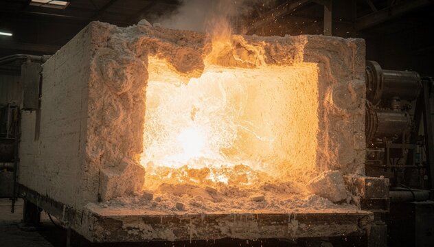 Medium shot of a magnesium oxide furnace section glowing intensely as hightemperature sintering transforms magnesia inside a refractorylined chamber.