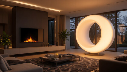 Modern living room with glowing ring lamp and fireplace