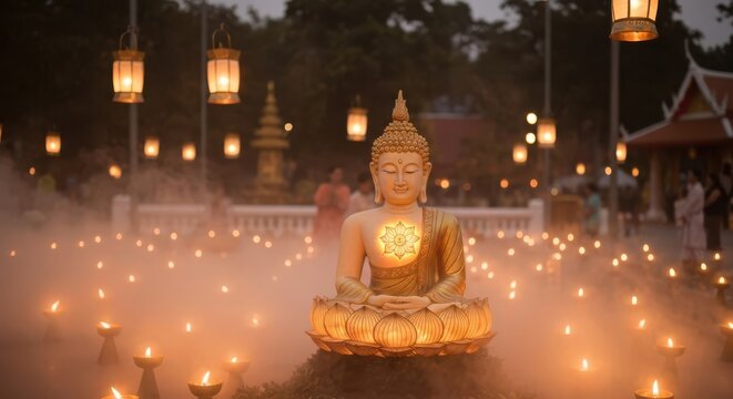 Serene Buddha statue surrounded by candles and lanterns in peaceful atmosphere