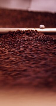 Vertical video of artisan coffee roasting in traditional drum. Fresh specialty batch process. Perfect for Instagram Stories, Reels, TikTok, social media marketing and commercial projects.