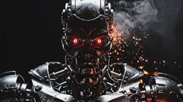 Robot face sparks fly.