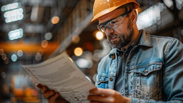 An engineer, clad in protective safety gear, closely examines detailed architectural blueprints in a busy warehouse amidst industrial construction equipment