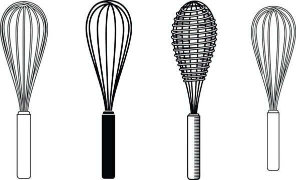 Kitchen whisk vector illustration set, black and white balloon whisk icons, cooking and baking tool graphics isolated on white background, SEO