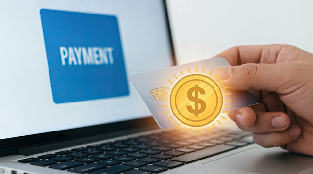 Secure online payment concept with hand holding credit card near laptop screen showing blue button buying goods with confidence and happy emotion for easy digital transaction