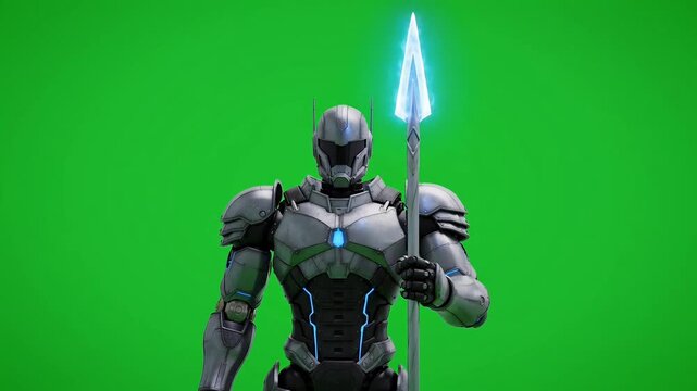 Futuristic robot warrior standing strong with glowing blue spear