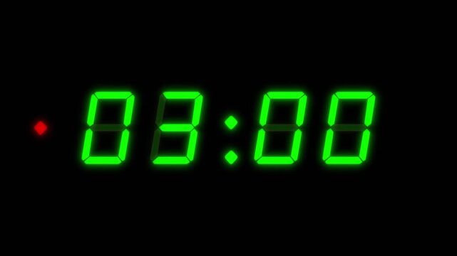Green digital clockface with 4 digits and red accent dot. 30 seconds digital timer. Glowing green digits on black. Retro digital alarm clock animation element, glowing digital clock