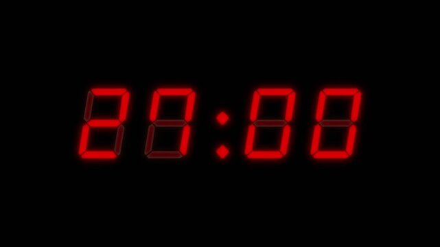 4 digit red digital clockface. 30 second digital countdown. Glowing red digits on black. Retro digital alarm clock animation element, glowing digital clock over black