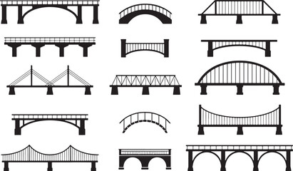 Various types of bridge structures in minimalist line art isolated on white background, Vector, illustration