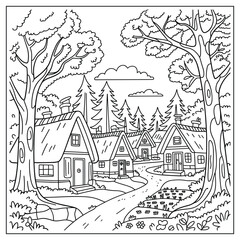 Obraz premium Cozy Village Scene with Forest Trees and Winding Path Line Art