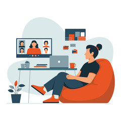 Naklejka premium Person in beanbag chair during online meeting on screen