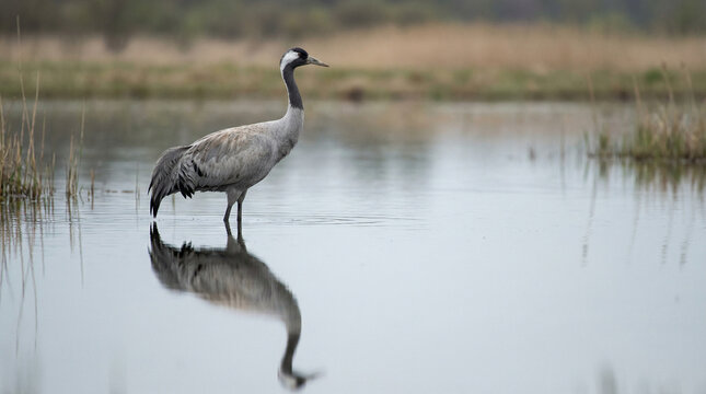 A graceful common crane wades in tranquil shallow water, its elegant reflection shimmering on the calm surface of a serene wetland, showcasing wild birdlife
